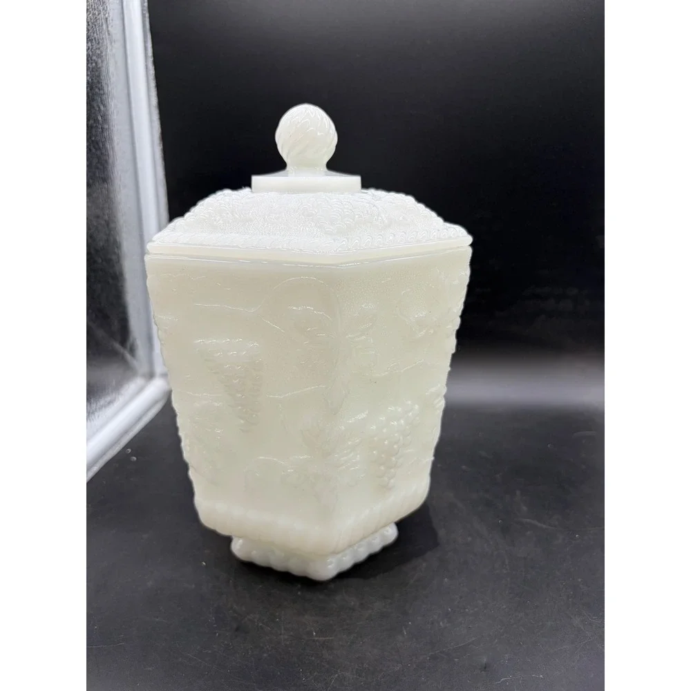 Anchor Hocking Milk Glass Harvest Grape Hexagon Candy Dish with Lid Vintage